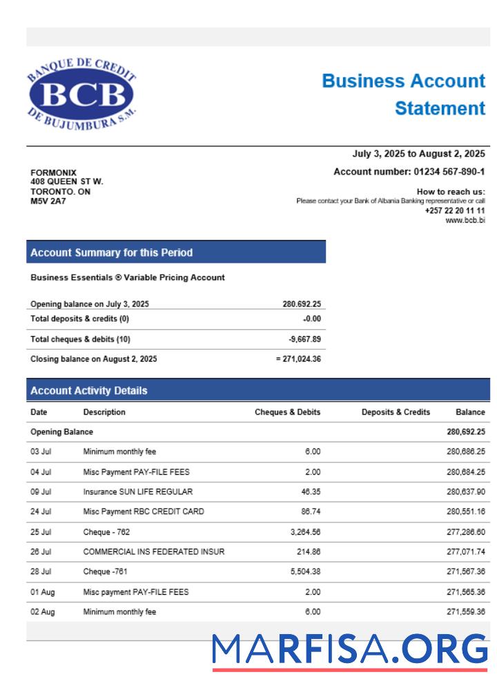 Printable Credit Bank of Bujumbura enterprise account statement Word and PDF template